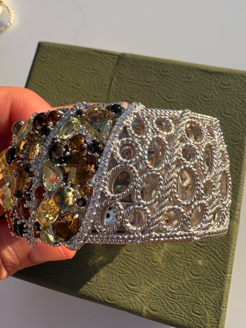 Judith Ripka multi gemstone bracelet wide Cuff Sterling silver CZ hinged 925 - Picture 12 of 17